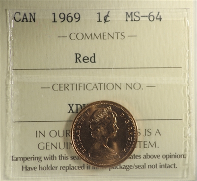 1969 Canada 1-cent ICCS Certified MS-64 Red