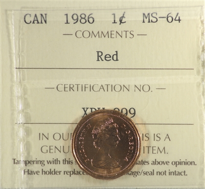 1986 Canada 1-cent ICCS Certified MS-64 Red