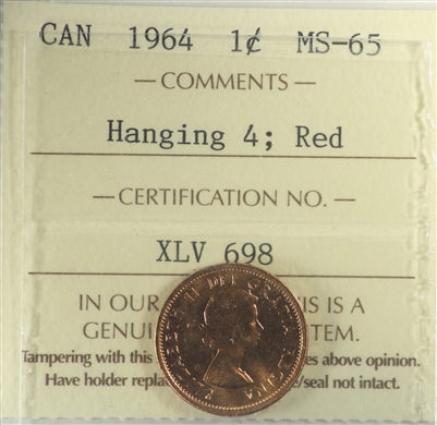 1964 Hanging 4 Canada 1-cent ICCS Certified MS-65 Red