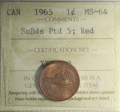 1965 SmBds Ptd 5 (Type 1) Canada 1-cent ICCS Certified MS-64 Red