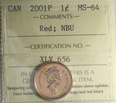 2001P Canada 1-cent ICCS Certified MS-64 Red; NBU