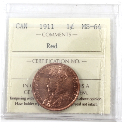 1911 Canada 1-cent ICCS Certified MS-64 Red (XDO 303)