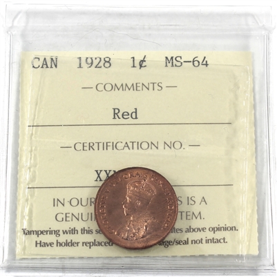 1928 Canada 1-cent ICCS Certified MS-64 Red (XXN 450)