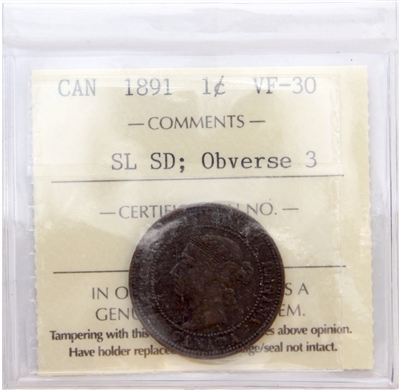 1891 SLSD, Obv. 3 Canada 1-cent ICCS Certified VF-30