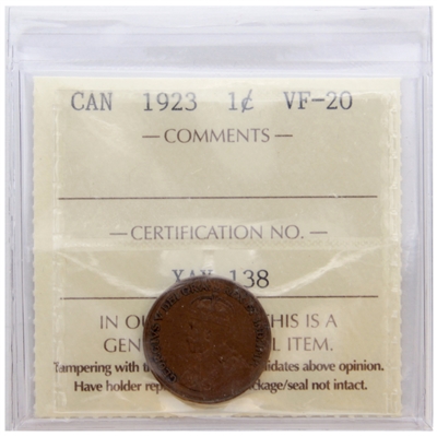 1923 Canada 1-cent ICCS Certified VF-20