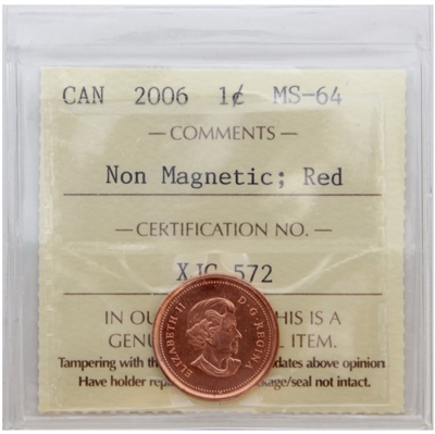 2006 Non Magnetic Canada 1-cent ICCS Certified MS-64 Red