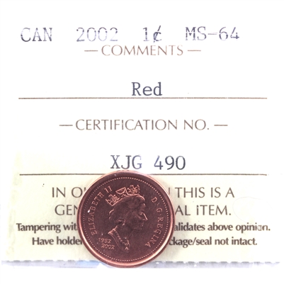 2002 Canada 1-cent ICCS Certified MS-64, Red