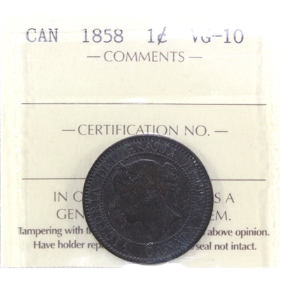 1858 Canada 1-cent ICCS Certified VG-10