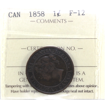 1858 Canada 1-cent ICCS Certified F-12