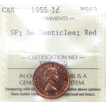1955 SF, Small Denticles Canada 1-cent ICCS Certified MS-63 Red