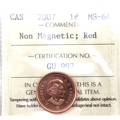 2007 Non-Magnetic Canada 1-cent ICCS Certified MS-64 Red
