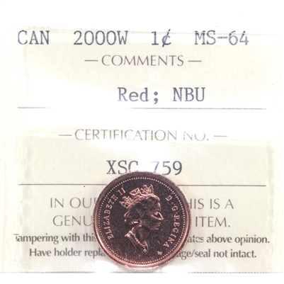 2000W Canada 1-cent ICCS Certified MS-64 Red; NBU