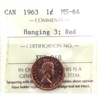 1963 Hanging 3 Canada 1-cent ICCS Certified MS-64 Red
