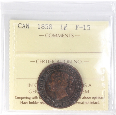 1858 Canada 1-cent ICCS Certified F-15 (XUV 708)