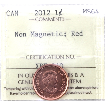 2012 Magnetic Canada 1-cent ICCS Certified MS-64 Red