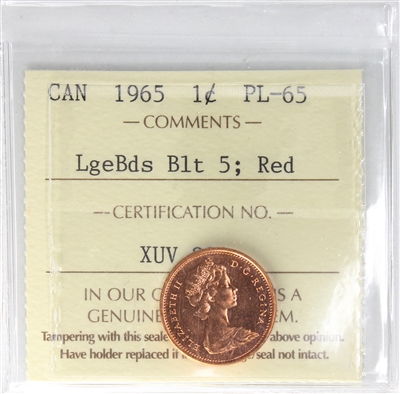 1965 LgBds Bl 5 (Type 3) Canada 1-cent ICCS Certified PL-65 Red (XUV 294)