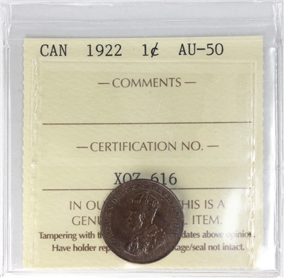 1922 Canada 1-cent ICCS Certified AU-50