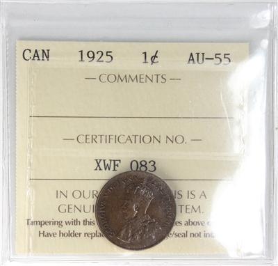 1925 Canada 1-cent ICCS Certified AU-55