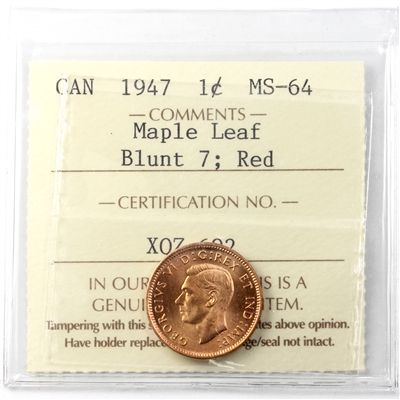 1947 Maple Leaf Blunt 7 Canada 1-cent ICCS Certified MS-64 Red