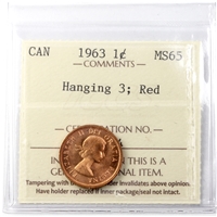 1963 Hanging 3 Canada 1-cent ICCS Certified MS-65 Red