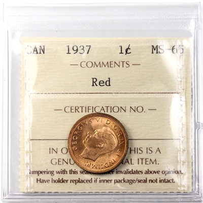 1937 Canada 1-cent ICCS Certified MS-65 Red