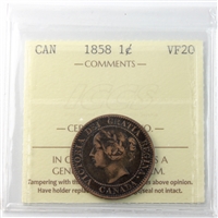 1858 Canada 1-cent ICCS Certified VF-20