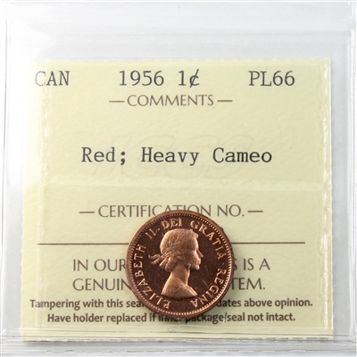 1956 Canada 1-cent ICCS Certified PL-66 Red; Heavy Cameo (XRW 738)