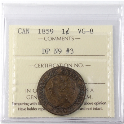 1859 DP N9 #3 Canada 1-cent ICCS Certified VG-8 (XHQ 843)