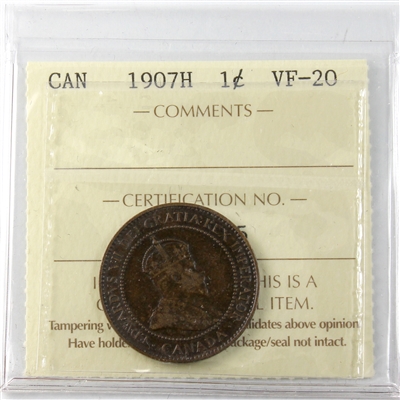 1907H Canada 1-cent ICCS Certified VF-20