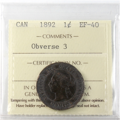 1892 Obv. 3 Canada 1-cent ICCS Certified EF-40