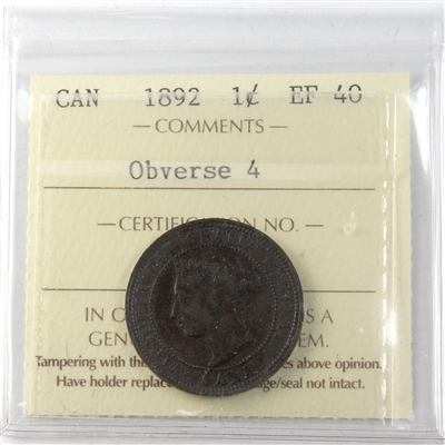 1892 Obv. 4 Canada 1-cent ICCS Certified EF-40