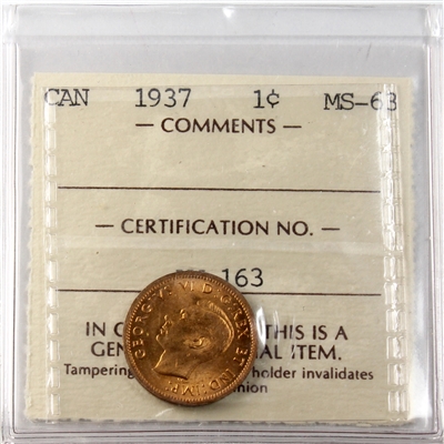 1937 Canada 1-cent ICCS Certified MS-63