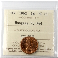1962 Hanging 2 Canada 1-cent ICCS Certified MS-65 Red