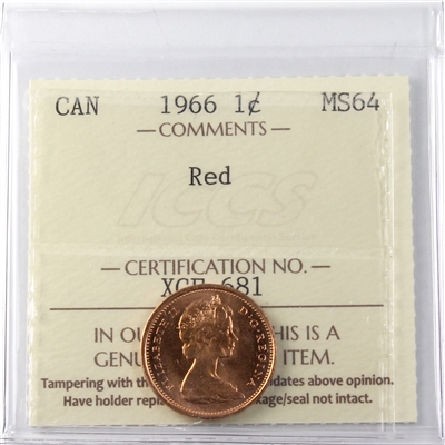 1966 Canada 1-cent ICCS Certified MS-64 Red