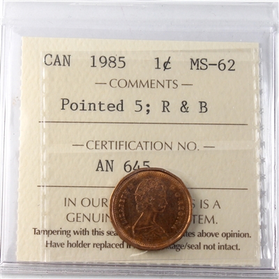 1985 Pointed 5 Canada 1-cent ICCS Certified MS-62 Red & Brown