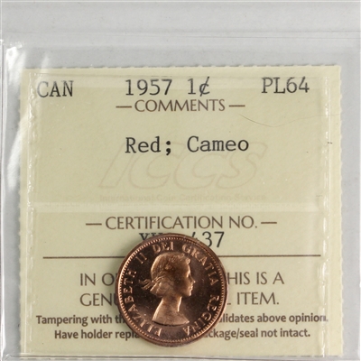 1957 Canada 1-cent ICCS Certified PL-64 Red; Cameo