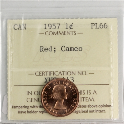1957 Canada 1-cent ICCS Certified PL-66 Red; Cameo