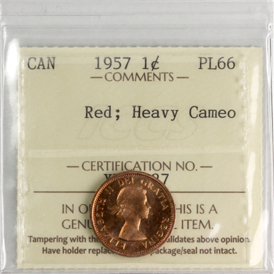 1957 Canada 1-cent ICCS Certified PL-66 Red; Heavy Cameo