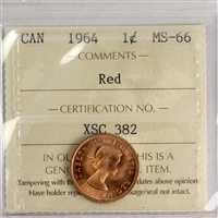 1964 Canada 1-cent ICCS Certified MS-66 Red