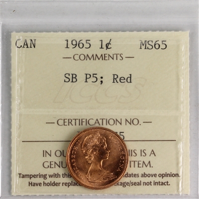 1965 SmBds Ptd 5 (Type 1) Canada 1-cent ICCS Certified MS-65 Red