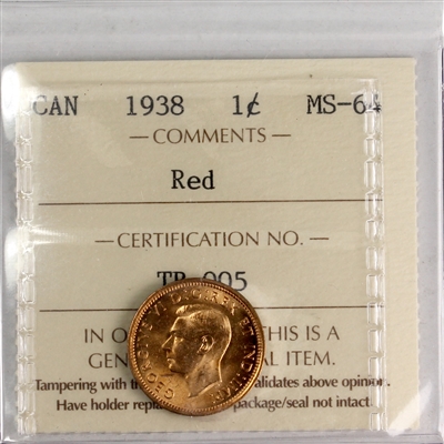 1938 Canada 1-cent ICCS Certified MS-64 Red