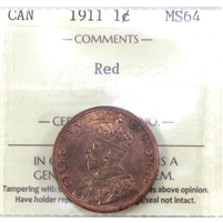 1911 Canada 1-cent ICCS Certified MS-64 Red (XTQ 674)