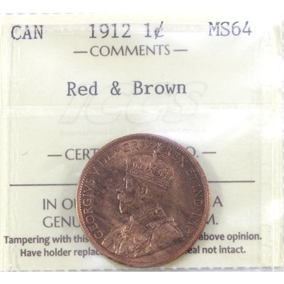 1912 Canada 1-cent ICCS Certified MS-64 Red & Brown (XTQ 678)