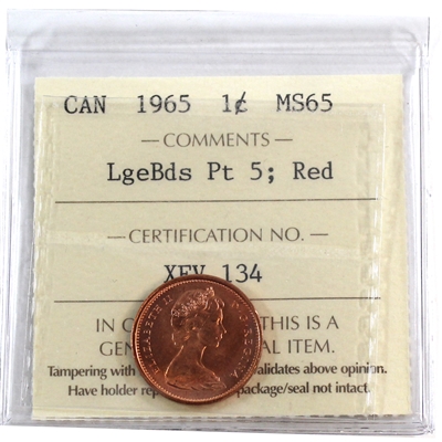 1965 LgBds Ptd 5 (Type 4) Canada 1-cent ICCS Certified MS-65 Red