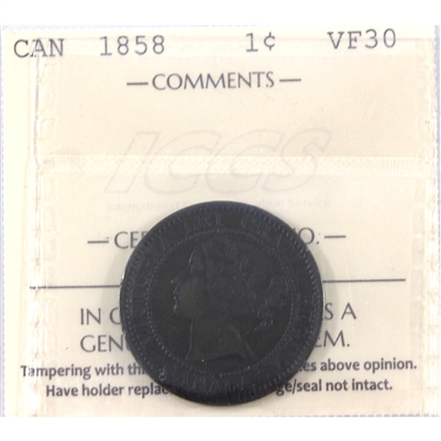 1858 Canada 1-cent ICCS Certified VF-30 (XXP 796)