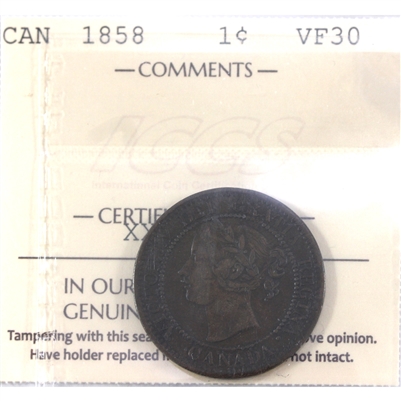 1858 Canada 1-cent ICCS Certified VF-30 (XXP 795)
