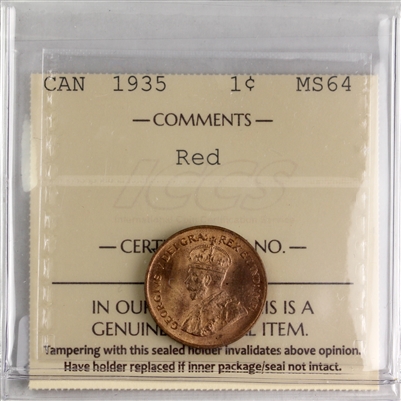 1935 Canada 1-cent ICCS Certified MS-64 Red (XZL 563)