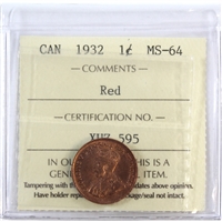 1932 Canada 1-cent ICCS Certified MS-64 Red
