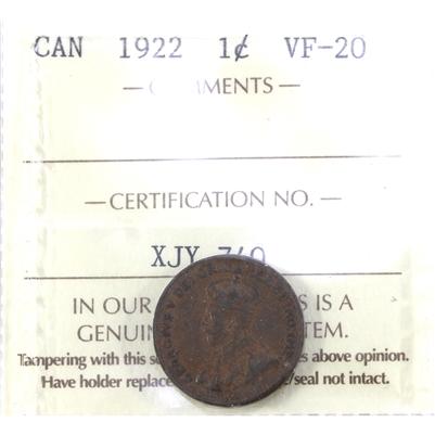 1922 Canada 1-cent ICCS Certified VF-20