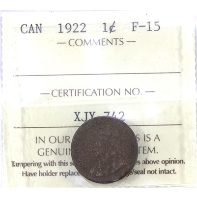 1922 Canada 1-cent ICCS Certified F-15